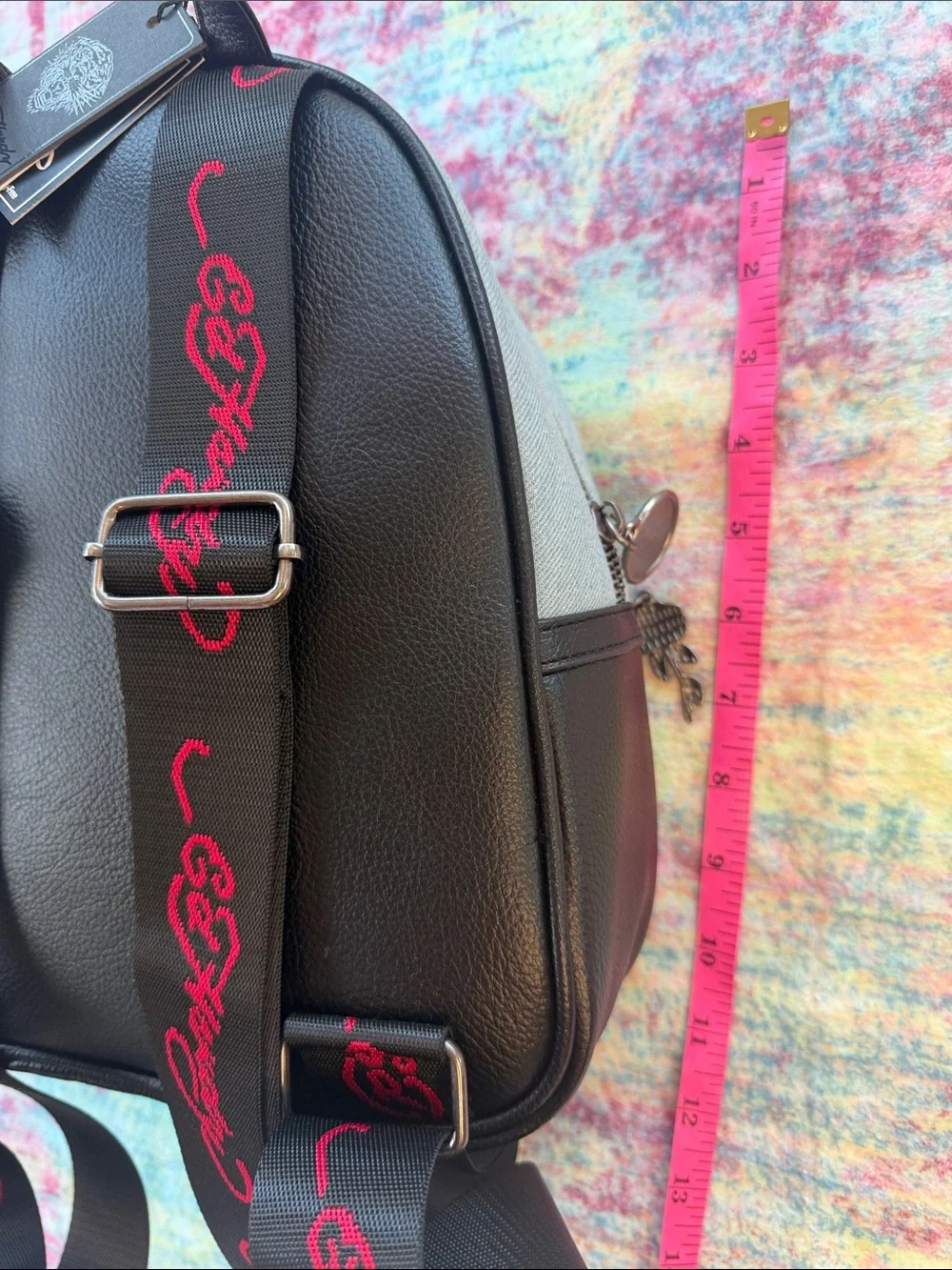 Ed Hardy Light Blue Embroidered Floral & Skull Mini Backpack